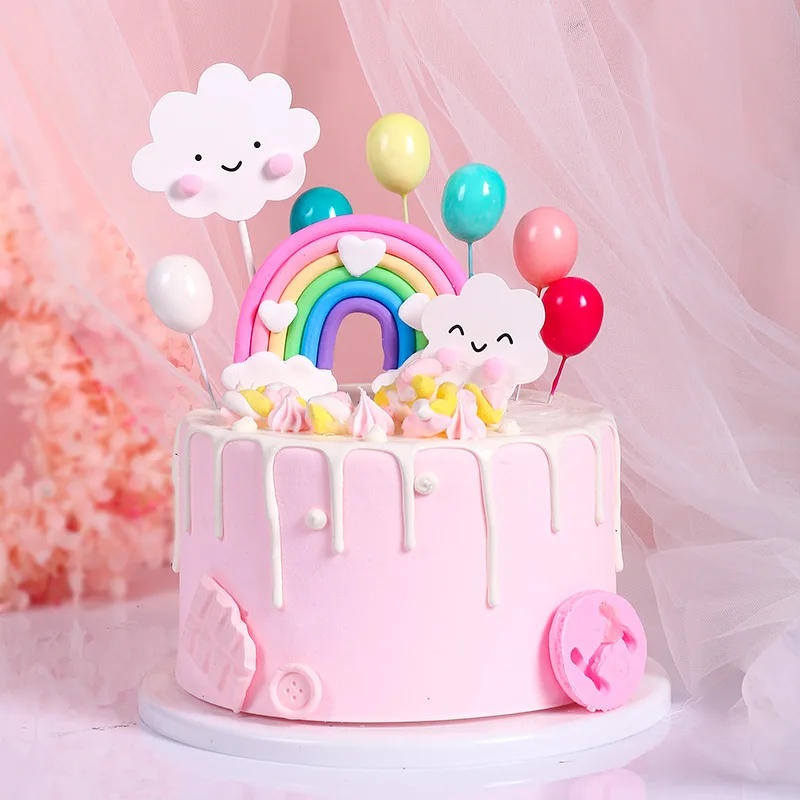 Description Picture 2 of itemSmiling Face Cloud Rainbow Cake Topper Birthday Cake Baby Shower Kids Christening Birthday Party Wedding Cake Topper Decoratings