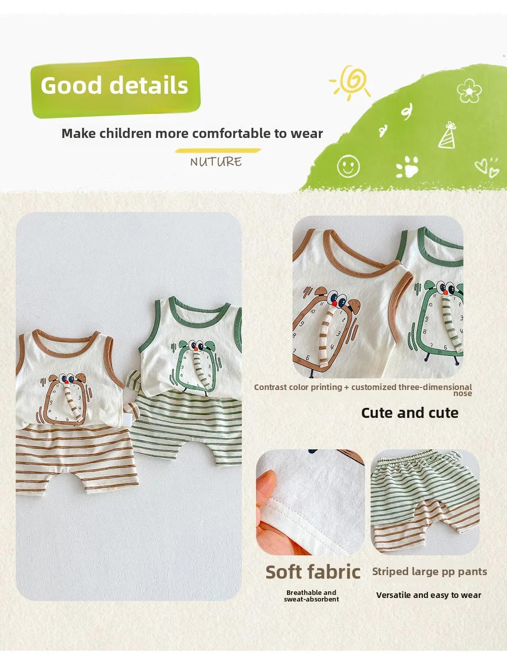 Description Picture 2 of itemFashion Set 2025 New Summer Cute Printed Alarm Clock for Boys and Girls, Sleeveless Vest, Striped Pants Two-piece Set