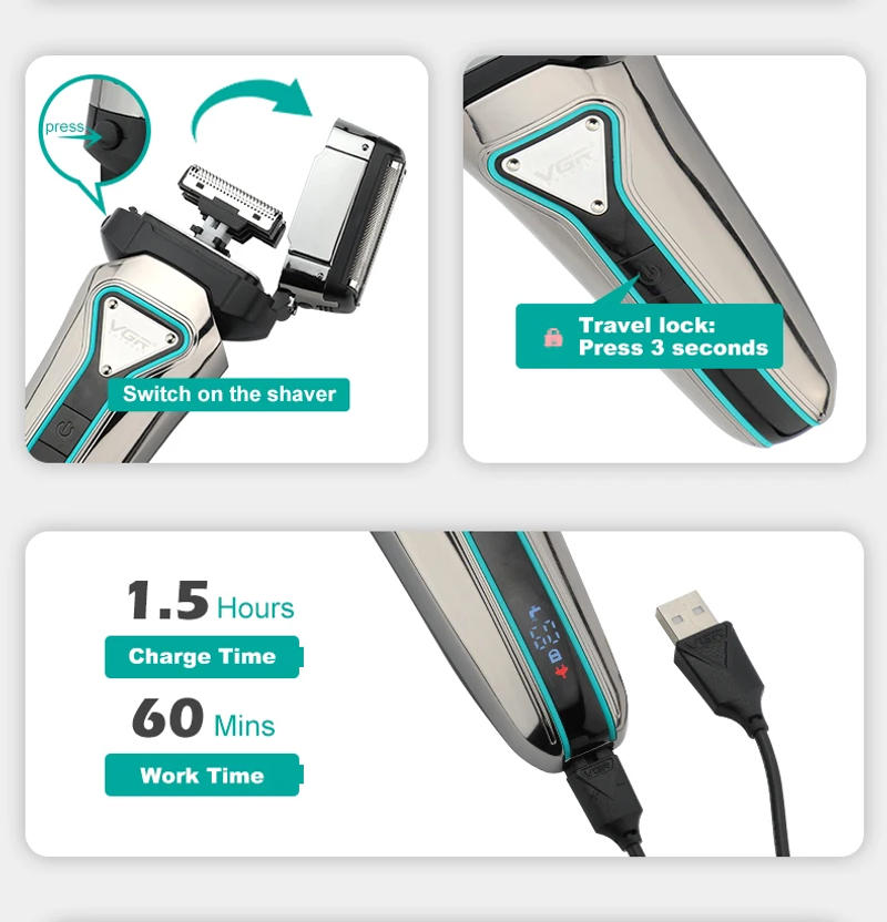 Description Picture 5 of itemVGR 3D Men's Washable Wet Dry Electric Shaver Rechargeable Face Electric Razor bald Washable Beard Shaving Machine LCD Display