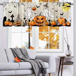 1Pcs Halloween & Harvest Festival Window Valance Autumn Thanksgiving Kitchen Curtain Ghosts Pumpkins & Witch Design Rod Pocket