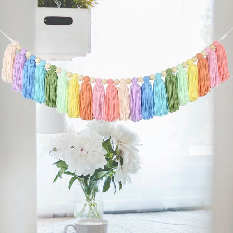 Description Picture 4 of itemRainbow Tassel Garland Bohemian Colorful Wood Beads Tapestry Macrame Wall Hanging Decorations Banner Bedroom Party Home Decor