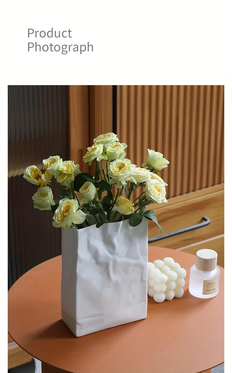 Description Picture 3 of item1pc Nordic Boho Style Ceramic Vase - Unique Crinkle Paper Bag Design for Modern Home Decor, Weddings, Parties, and Gifts