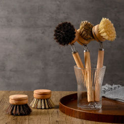 Wooden long-handled pot and bowl brush, natural bristles, detachable brush head, won't scratch pots and bowls