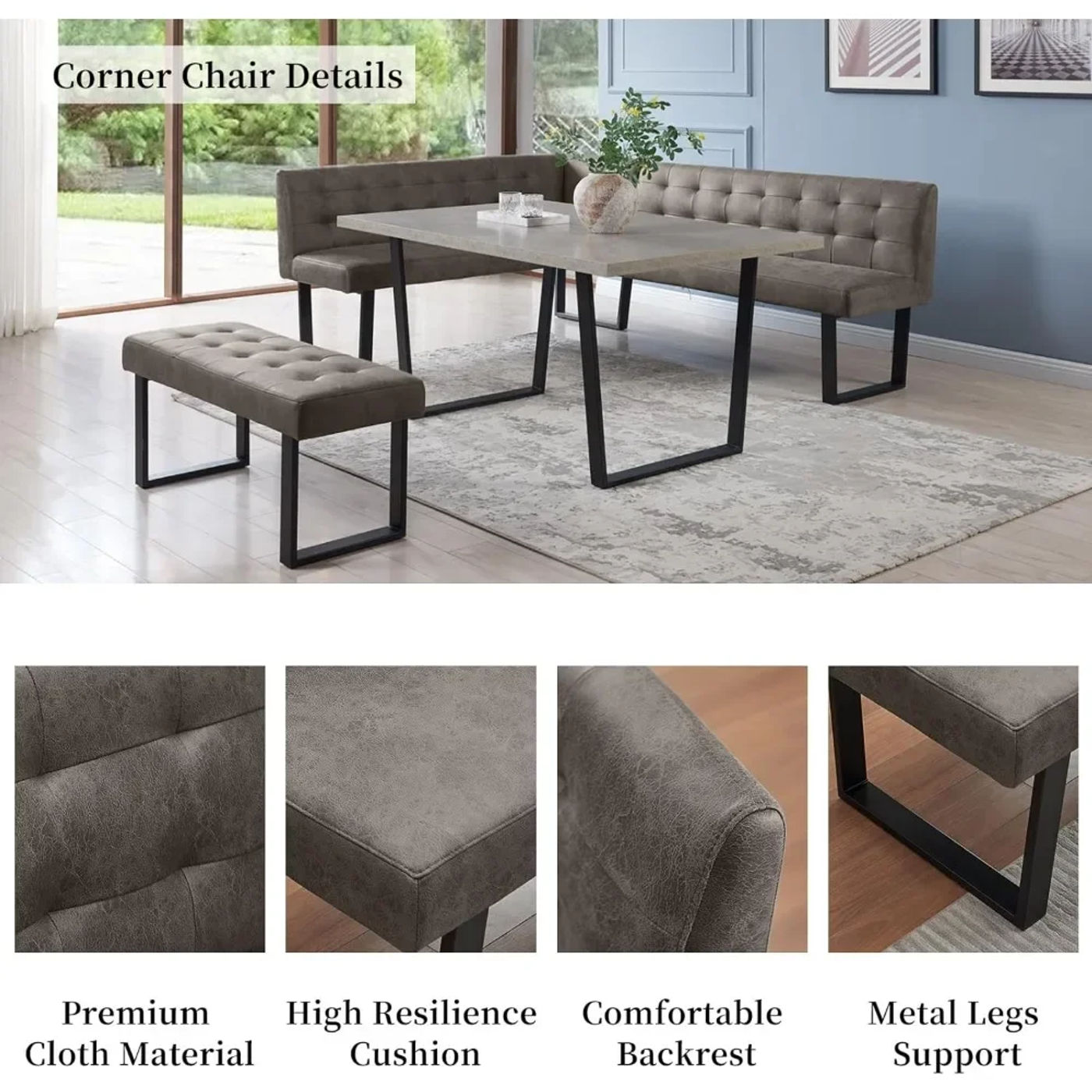 Description Picture 6 of itemDining Table Set with Bench,3 Piece Modern Kitchen Table with Right Seat Corner Bench and Bench for Family Dining Room Furniture