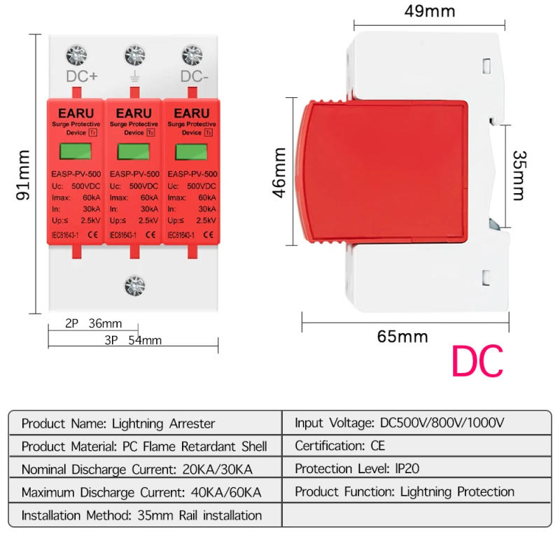 Description Picture 3 of itemPower Surge Protective Device SPD Arrester Low Voltage House 1/2/3/4 Pole Surge Voltage Protection DC 500V 800V 1000V 40KA 60KA