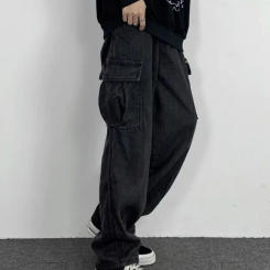 Gmiixder Dark Straight Jeans Men's Korean Autumn Winter Kpop Vintage Black Denim Pants Women Popular Washed Loose Cargo Trousers