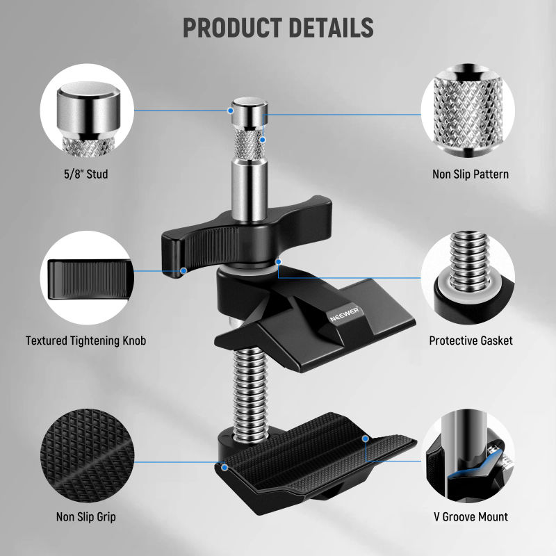 Description Picture 5 of itemNEEWER End Jaw Grip with 5/8" Stud, Steel Shaft End Pipe Grip Clamp with Aluminum Jaws, Rubber Pads for LED Video Light Softbox