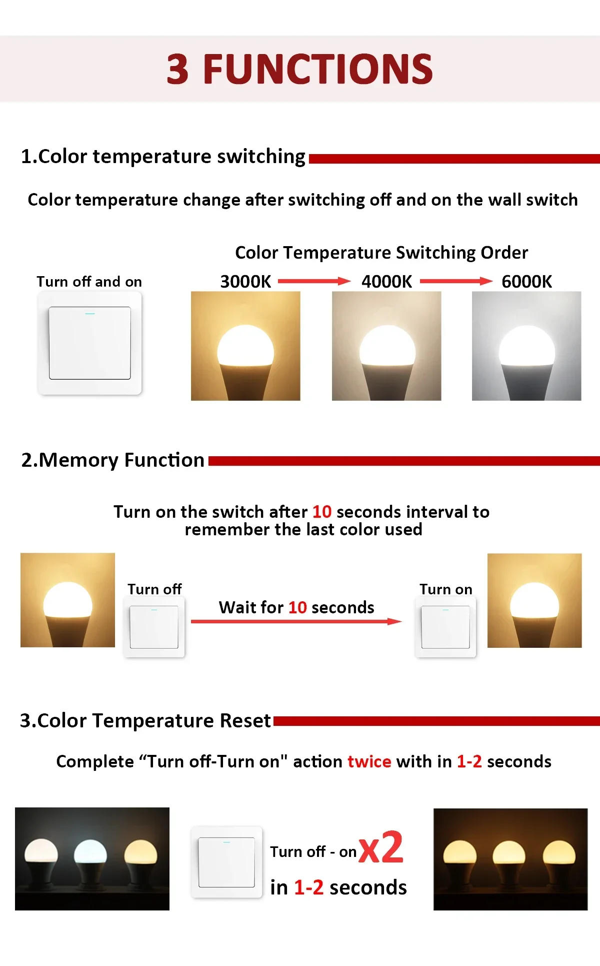 Description Picture 4 of item1-20pcs LED 3 Color adjusted Bulb AC110V 220V E27 B22 base Light Bulb 3CCT（3000K 4000K 6000K） Memory Function Color Temp Reset