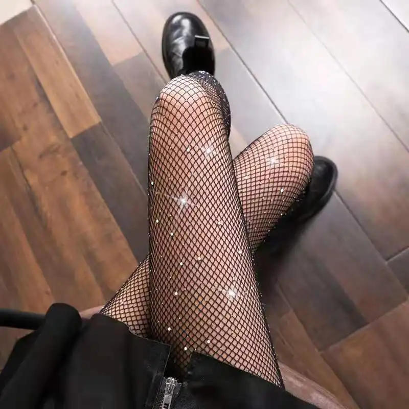 Description Picture 3 of item2022 New Sexy Fashion Shiny Net Tights Summer Fishnet Diamond Pantyhose Women  Slim Rhinestone Mesh Nylon Stockings Tights