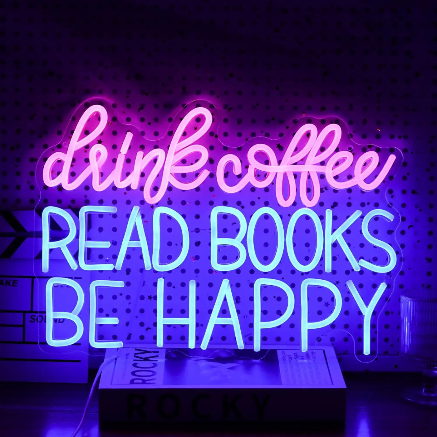 Description Picture 2 of itemDrink Coffee Read Books Be Happy Neon Sign Led Read Books Light Wall Decor Neon Light for Classroom Coffee Shop Bookstore