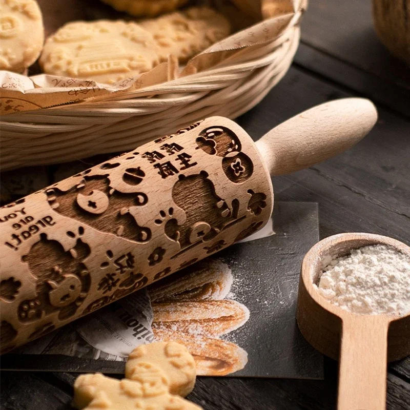 Description Picture 4 of item1 pcs Wooden Embossed Rolling Pin with Pattern for Kitchen Pastry, Baking Tools, Deep Engraving Cookies Stamp Tool