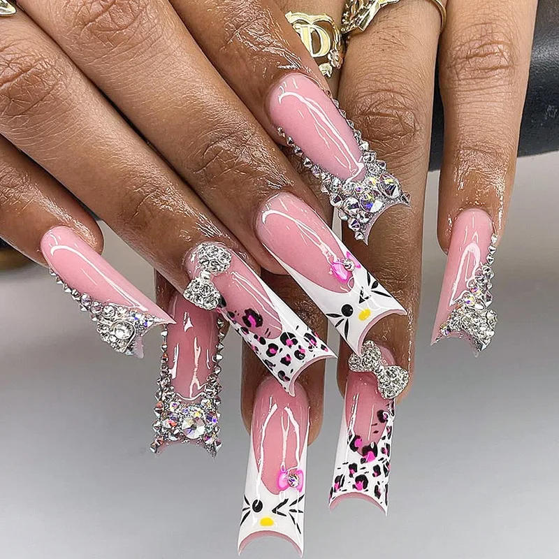 Description Picture 2 of item24pcs Long Press on Nails HelloKitty Design with Rhinestones Acyrlic False Nails Coffin White French Wearable Fake Nail Tips Art