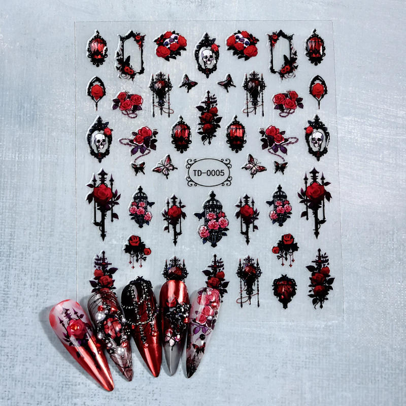 Description Picture 5 of item2pcs Black Red Gothic Halloween Nail Stickers 3D Skull Rose Snake Cross Nail Decals for Festival Nail Decor Self-Adhesive Slider