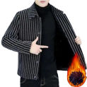 Men Jacket Winter Autumn Striped Single-breasted Short Tweed Jacket Thick Warm Cardigan Plus Size Mid Length Velvet Male Coat