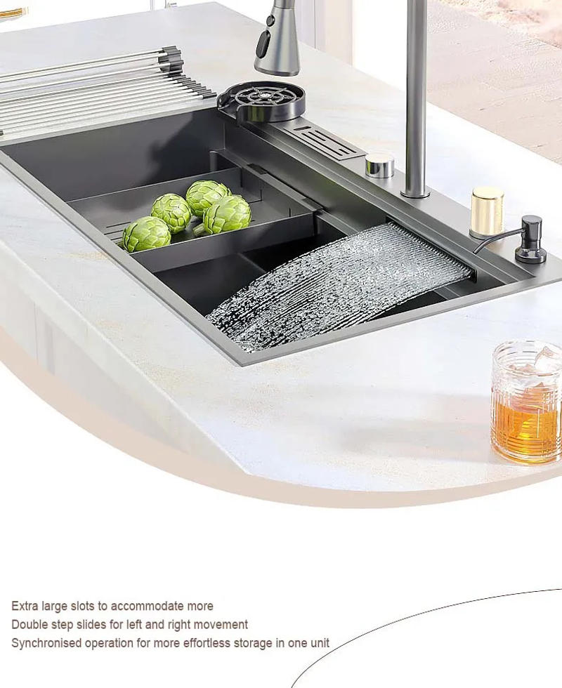 Description Picture 3 of itemNano 304 Stainless Steel Flying Waterfall Sink Super Large Single Black Kitchen Pull-out Faucet Manual With Knife Holder