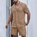 Sexy Hollow Out Mesh Knit Two Piece Suits Men Summer Beach Buttoned Lapel Shirts And Shorts Mens Outfits Casual Solid Color Sets