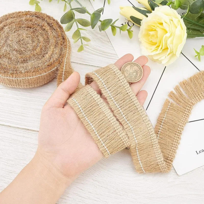 Description Picture 4 of item5.5Yds x 1.3 Inch Burlap Fringe Trim Tassel Jute Lace Sewing Chainette Fringe Fibre Trimmings Flat Jute Cord Handmade Hemp Rope
