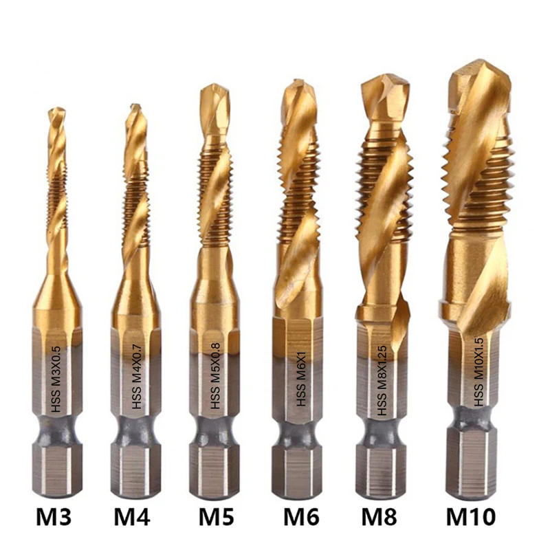 Description Picture 3 of item1/6Pcs Tap Drill Bit Set Hex Shank Titanium Plated HSS Screw Thread Bit Screw Machine Compound Tap M3 M4 M5 M6 M8 M10 Hand Tools