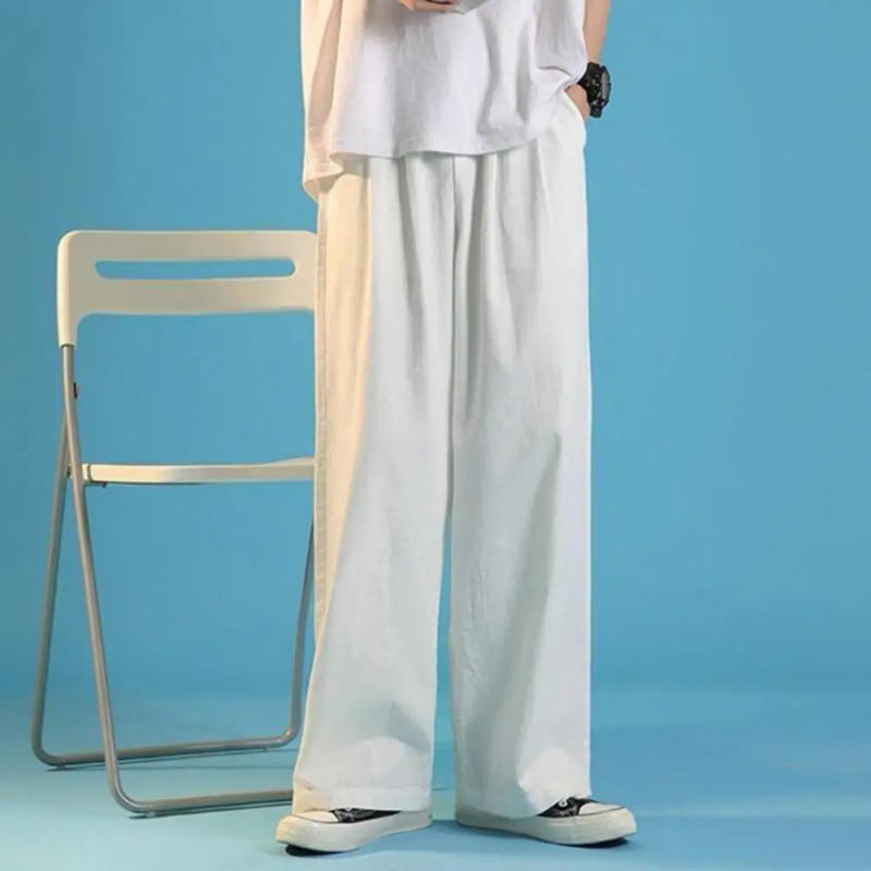 Description Picture 5 of itemDrawstring Elastic Waist Straight Wide Leg Men Pants Loose Thin Solid Color Deep Crotch Long Sports Trousers Casual Sweatpants