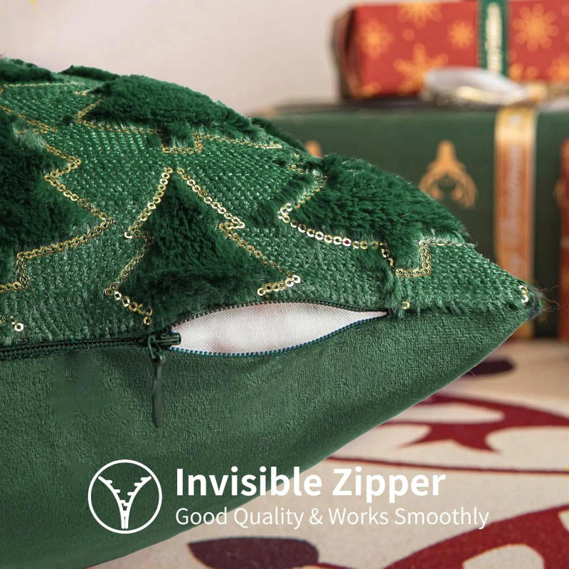 Description Picture 4 of itemChristmas Throw Pillow Cover 18x18Inch Green Christmas Tree with Gold Sequins Winter Holiday Faux Fur Pillowcases Decor for Home