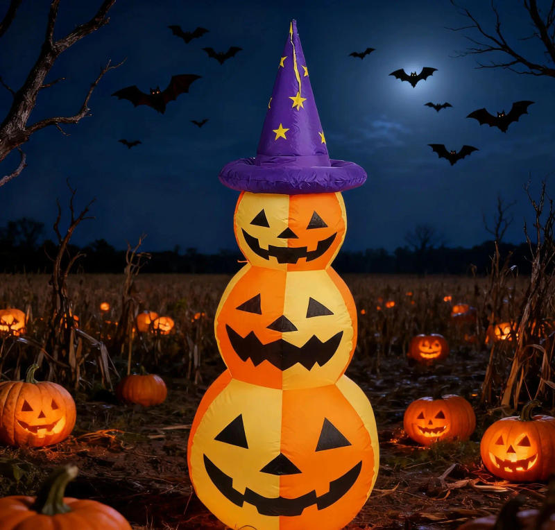 Description Picture 3 of item5FT Halloween Inflatable Stacked Pumpkins Decorations with Witch Hat, Halloween Blow Up Inflatable Pumpkin Decor Built-in LED