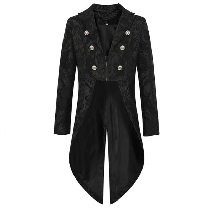 Description Picture 3 of itemDevil Fashion Mens Gothic Steampunk Tailcoat Jacket Black Brocade Damask Wedding Jacquard Dress Up Trench Spring Autumn