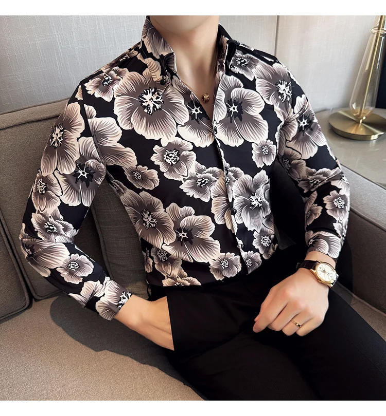 Description Picture 6 of itemLuxury Long Sleeved Flower Printed Shirt for Men Korean V-Neck Slim Fit Men's Tuxedo Shirts Plus Size Prom Floral Men Clothing