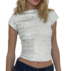 Woman Sexy Clubwear Short Sleeve Gold Glitter Sequin Crop Top Summer Backless Basic Solid Y2k Shine T-shirts