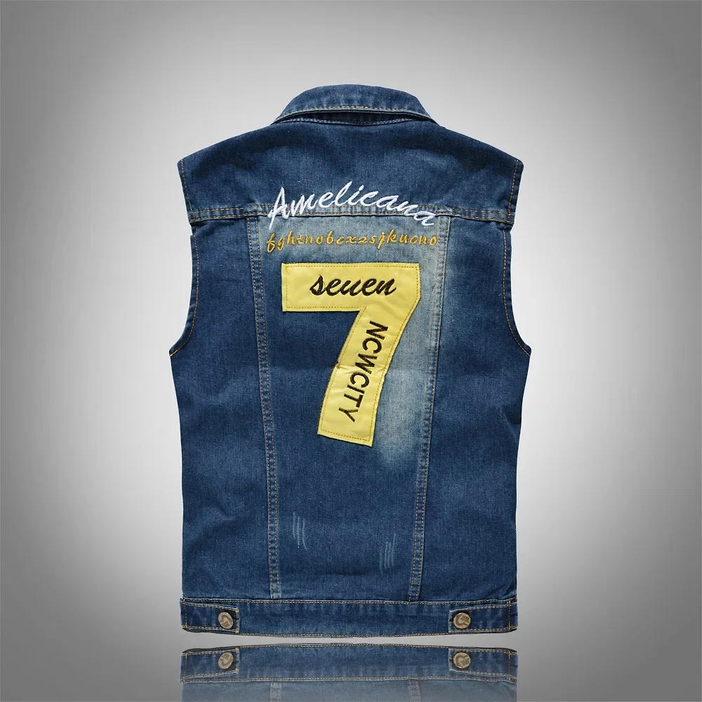 Description Picture 3 of itemDenim Jeans Vest Men Letter Embroidery Male Jeans Waistcoat Tank Top Cowboy Male Ripped Jacket Denim Vest Sleeveless