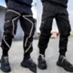 Y2K Mens Casual Black Cargo Pants Gym Loose Plus Size Striped Multi Pocket Sports Fitness Hip Hop Jogger Trousers Techwear Men
