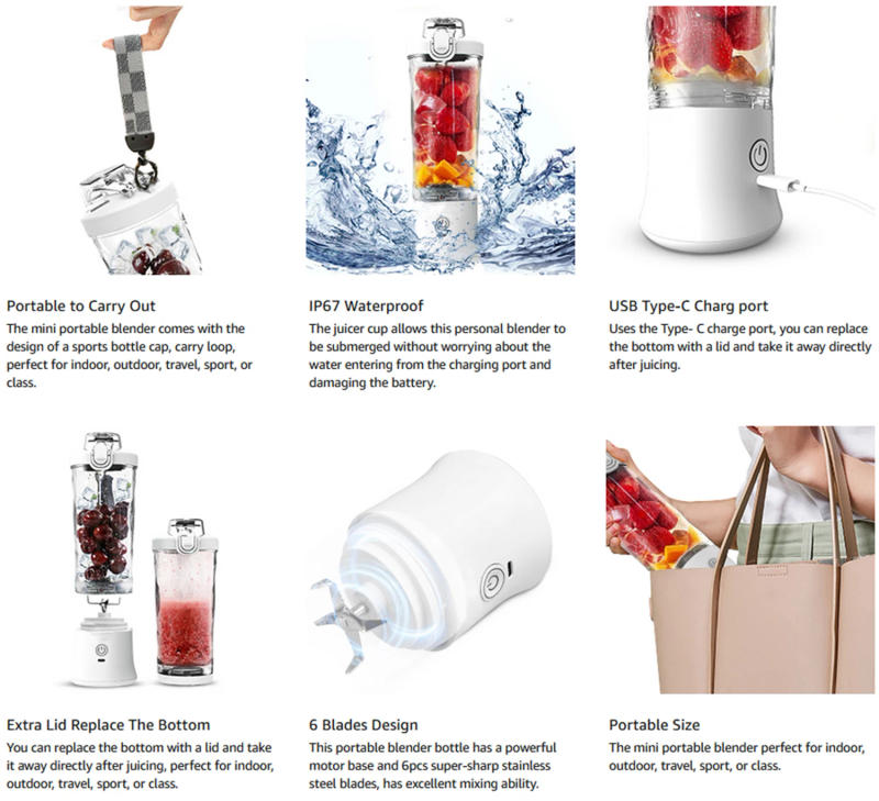 Description Picture 5 of itemNew Portable Blender 600ML Electric Juicer Fruit Mixers 4000mAh USB Rechargeable Smoothie Mini Blender Personal Juicer colorf