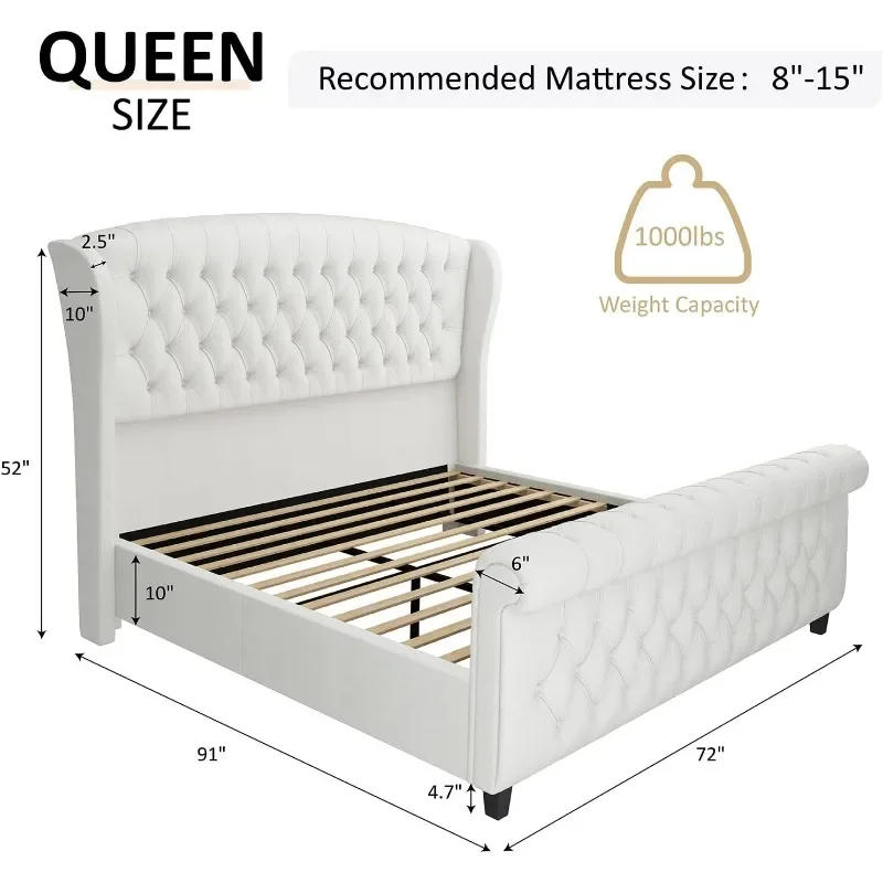 Description Picture 2 of itemQueen Size Platform Bed Frame, Chenille Upholstered Sleigh Bed with Scroll Wingback Headboard & Footboard/Button Tufted