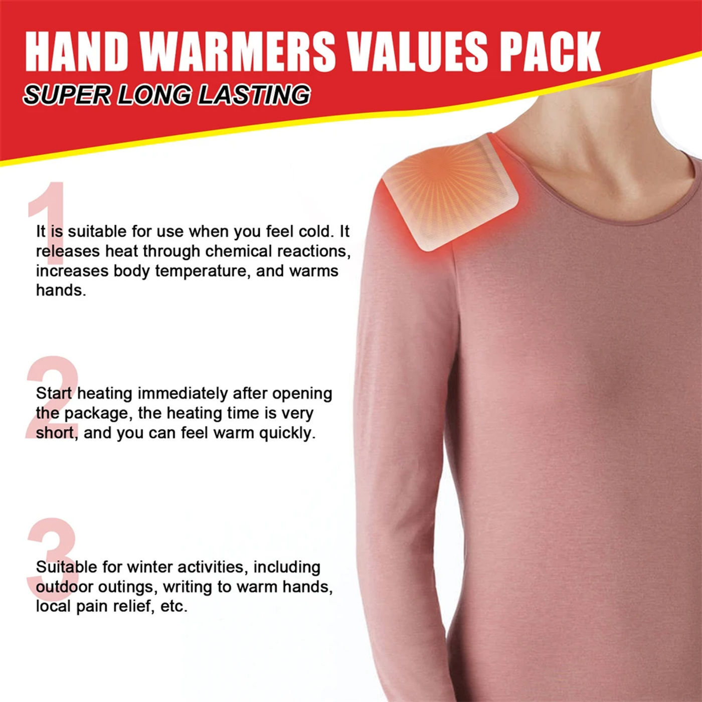 Description Picture 6 of item20Pcs Self Heating Winter Warm Paste Disposable Hand Foot Warmers Heat Packs Warmer Waist Abdomen Body Warmer Heating Pad