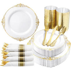 350PCS White and Gold Plastic Plates - Gold Plastic Dinnerware Set with Pre Rolled Napkins