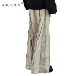 ABOORUN Men Functional Zippers Patchwork Pants Streetwear Archive Flared Trousers for Male