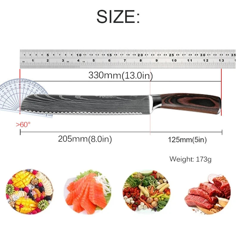 Description Picture 3 of itemKitchen 8 Inch Bread Knife Cheese Toast Knife Stainless Steel Damascus Pattern Knives Slicing Chef Cutter Wood Handle