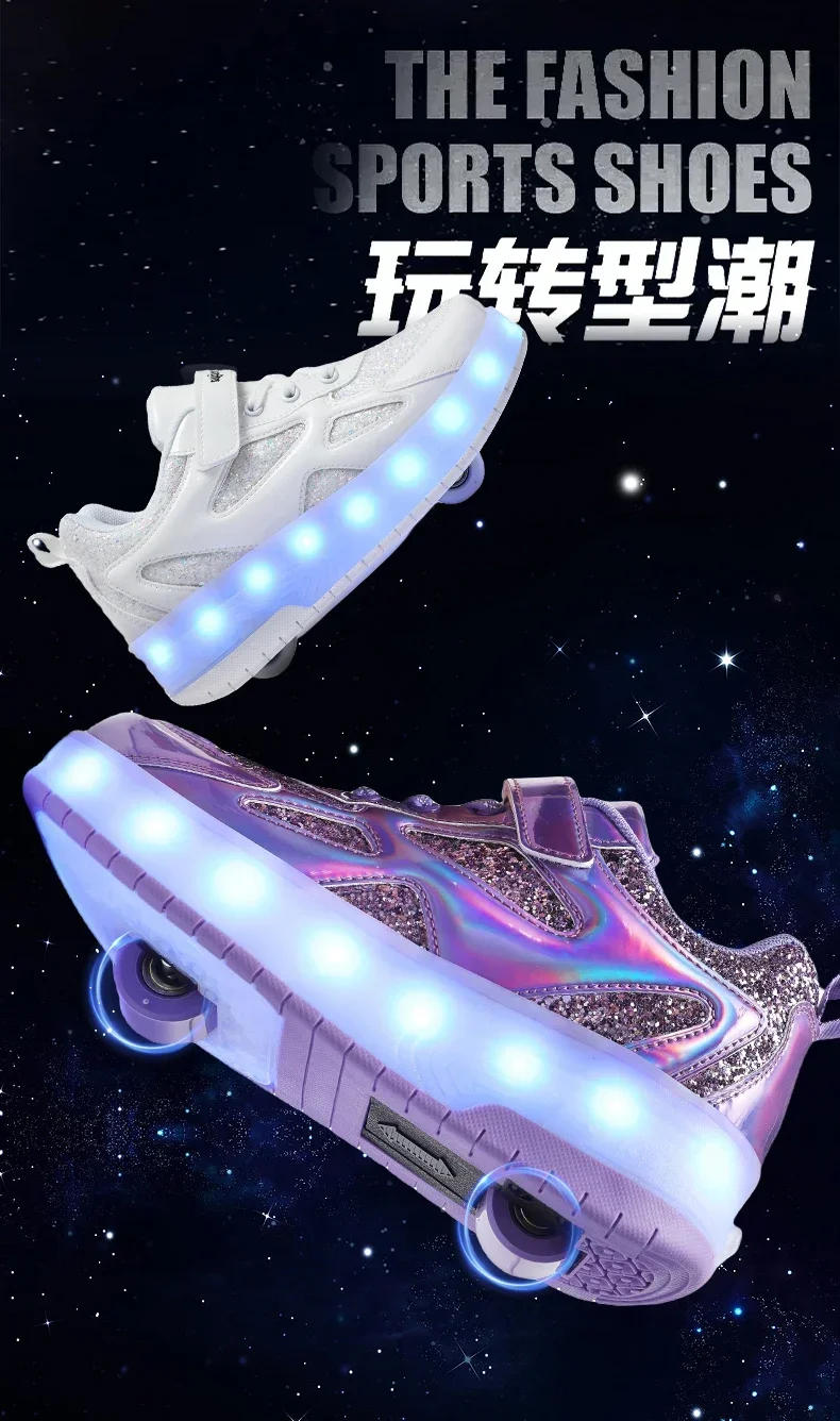 Description Picture 5 of itemChildren’s Two Wheels Luminous Glowing Sneakers Heels Pink Led Light Roller Skate Shoes Kids Led Shoes Boys Girls USB Charging