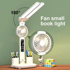 LED Clock Table Lamp USB Chargeable Dimmable Desk Lamp 2 Heads 180 Rotate Foldable Eye Protection Reading Night Light