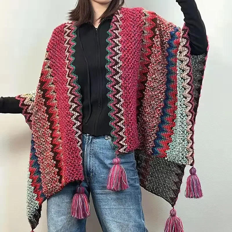 Description Picture 6 of item23 Colors Multicolor Oversize Autumn Poncho Cape Winter Women Knitted Cardigan Long Loose Shawl Vintage Thick Outstreet Knitwear