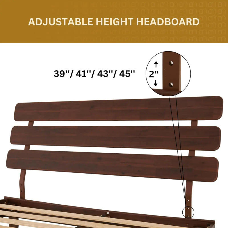 Description Picture 5 of item15'' Bed Frame with Adjustable Headboard - Mid Century Retro Style with Acacia Wood - No Box Spring Needed Walnut Queen