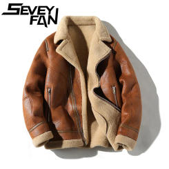 Men's Thickening High-end Brand Fur Leather Jacket PU Wool Motorcycle Coat Outwear Vintage Tops Autumn Winter