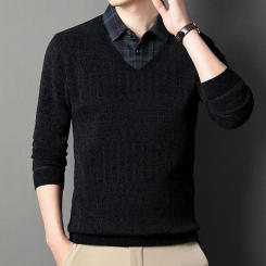 Long Sleeve Men Sweater Men Fall Top Plaid Print Mid-aged Men's Sweater with Thick Plush Warmth Button Elastic Pullover for Fall