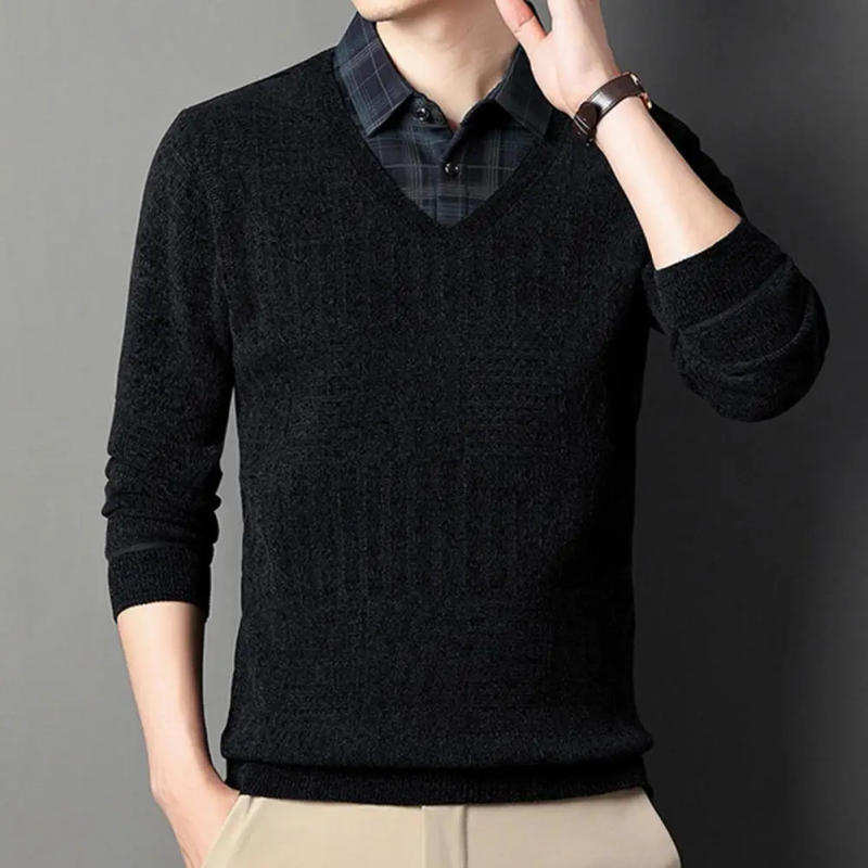 Description Picture 5 of itemLong Sleeve Men Sweater Men Fall Top Plaid Print Mid-aged Men's Sweater with Thick Plush Warmth Button Elastic Pullover for Fall