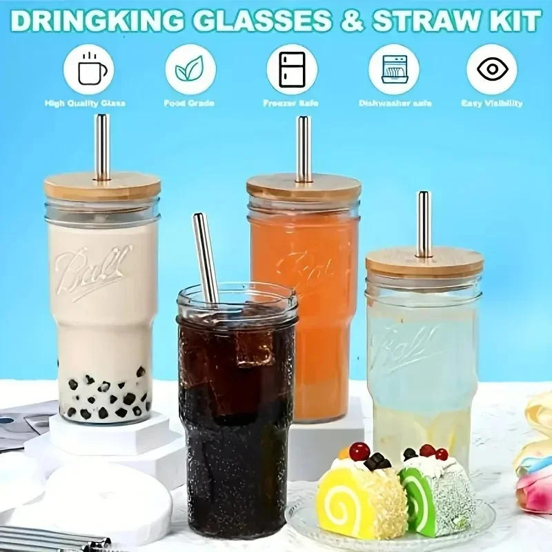 Description Picture 2 of item24OZ Glass Cup With Wooden Lid Straw Transparent Pearl Milk  Juice Milk Thickened Glass Cup Breakfast Cup Drinkware Coffee Mug
