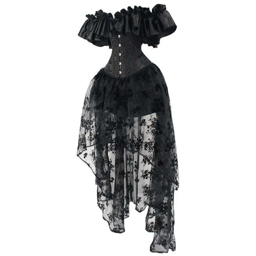 Description Picture 6 of itemBlack Corset Dress Skirt Set Off Shoulder Sexy Overbust Corsets with Skirt Women Gothic Plus Size Burlesque Corselet Victorian