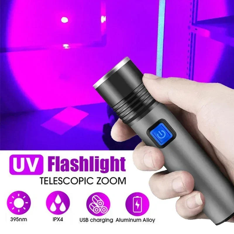 Description Picture 4 of item365/395nm UV Flashlight Blacklight Zoomable USB Rechargeable UV Light Ultraviolet Lamp Torch for Pet Dog Urine Stains Detection