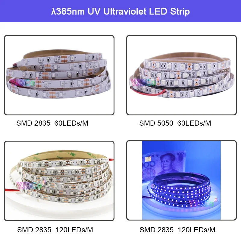 Description Picture 4 of item12V 5M 385nm UV Ultraviolet LED Strip 60led/m 120led/m SMD 5050 2835 Purple Light Bar DJ Fluorescence party lamp tape IP20