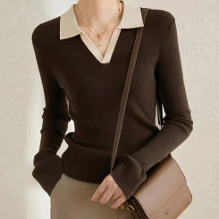 Women Fashion Polo Collar Knitted Sweaters Vintage Slim Long Sleeve Female Casual Sweater Solid Pullovers Chic Tops 2024