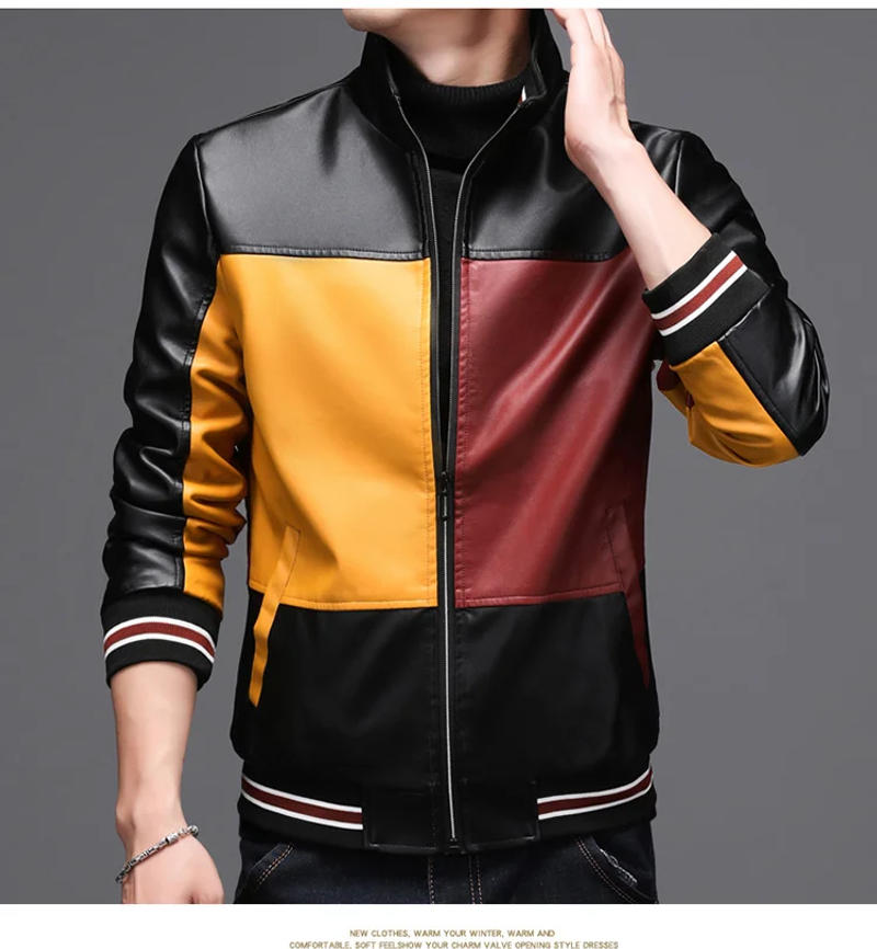 Description Picture 3 of itemNew color block PU leather jacket men's velvet warm motorcycle suit flight suit jaqueta masculina jaqueta de couro masculino