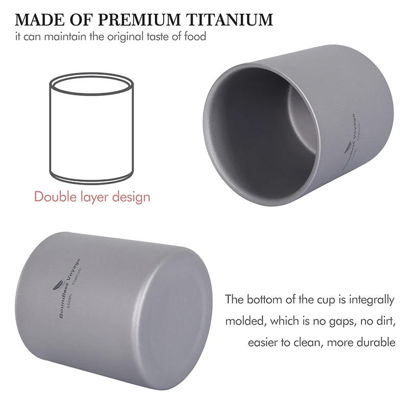 Description Picture 6 of itemOutdoor Camp Titanium Double Wall Cup 450ml Teacups 120ml Mini Cup 180ml Coffee Mug 300ml Camping Tableware Boundless Voyage